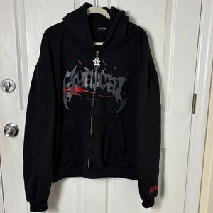 SYNICAL black zip up hoodie size XL graphic logo embroidered patches punk goth